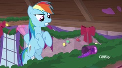 Size: 1920x1080 | Tagged: safe, screencap, rainbow dash, pony, g4, the hearth's warming club, bucket, discovery family, discovery family logo, female, logo, mare, solo