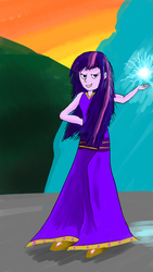 Size: 1080x1920 | Tagged: safe, artist:horsesplease, twilight sparkle, equestria girls, g4, clothes, crystal, dress, female, magic, paint tool sai, smiling, smirk, solo, twilight day
