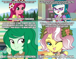 Size: 1200x937 | Tagged: safe, edit, edited screencap, screencap, gloriosa daisy, juniper montage, vignette valencia, wallflower blush, equestria girls, equestria girls specials, g4, my little pony equestria girls: better together, my little pony equestria girls: forgotten friendship, my little pony equestria girls: legend of everfree, my little pony equestria girls: mirror magic, my little pony equestria girls: rollercoaster of friendship, image macro, logic, meme, memeful.com