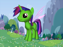 Size: 2000x1500 | Tagged: safe, oc, oc only, oc:viridi lux, changedling, changeling, changepony, hybrid, 3d, 3d pony creator, hybrid wings, interspecies offspring, mountain, offspring, parent:thorax, parent:twilight sparkle, parents:twirax, tree