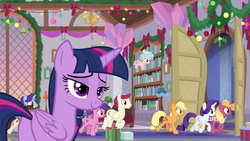 Size: 1920x1080 | Tagged: safe, screencap, applejack, berry bliss, cozy glow, november rain, rarity, sugar maple, twilight sparkle, alicorn, pony, g4, the hearth's warming club, butt, discovery family, discovery family logo, friendship student, logo, plot, twilight sparkle (alicorn)