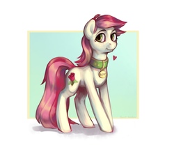 Size: 1800x1500 | Tagged: safe, artist:fault sunrise, roseluck, earth pony, pony, g4, collar, commissioner:doom9454, digital art, female, heart, looking at you, mare, pet tag, pony pet, rosepet, solo, standing