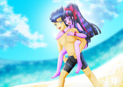 Size: 1600x1131 | Tagged: safe, artist:jotakaanimation, flash sentry, twilight sparkle, equestria girls, g4, barefoot, beach, clothes, feet, female, flash hunktry, male, ponytail, ship:flashlight, shipping, smiling, straight, swimsuit
