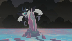 Size: 1280x720 | Tagged: safe, screencap, storm king, yeti, g4, my little pony: the movie, the hearth's warming club, evil grin, grin, looming, male, mount aris, smiling, solo