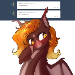 Size: 2044x2056 | Tagged: safe, artist:vincher, oc, oc only, oc:fire glow, bat pony, pony, ask, high res, solo, tumblr