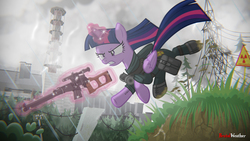 Size: 3840x2160 | Tagged: safe, artist:brutalweather studio, twilight sparkle, alicorn, pony, g4, angry, badass, chernobyl nuclear power plant, crossover, female, glowing horn, gun, high res, horn, magic, mare, radiation symbol, rain, rifle, s.t.a.l.k.e.r., shadow of chernobyl, show accurate, sniper rifle, solo, tattoo, twilight sparkle (alicorn), twilight sparkle is not amused, unamused, vss vintorez, weapon
