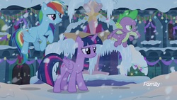 Size: 1920x1080 | Tagged: safe, screencap, rainbow dash, spike, twilight sparkle, alicorn, dragon, pegasus, pony, g4, the hearth's warming club, discovery family, discovery family logo, female, flying, logo, male, mare, snow, trio, twilight sparkle (alicorn), winged spike, wings