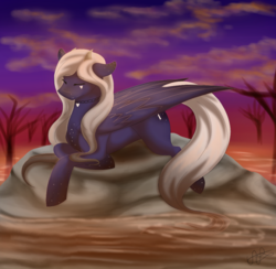 Size: 976x951 | Tagged: safe, artist:scarletsfeed, oc, oc only, pegasus, pony, dead tree, female, mare, rock, solo, tree