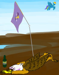 Size: 550x702 | Tagged: safe, artist:horsesplease, gilda, rainbow dash, griffon, g4, bottle, drunk, flag, flying, griffonstone, paint tool sai, prone, roissya, roissya vperde, sleeping, surprised, роисся вперде