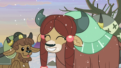 Size: 1280x720 | Tagged: safe, screencap, yona, yona's sister, yak, g4, the hearth's warming club, calf, eyes closed, female, horn, horn ring, smiling, tongue out, yak calf