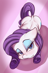 Size: 956x1440 | Tagged: safe, artist:alcor, rarity, earth pony, pony, g4, back, bedroom eyes, blushing, both cutie marks, cheek fluff, cute, dock, female, floppy ears, lidded eyes, looking at you, looking up, looking up at you, mare, missing horn, race swap, solo