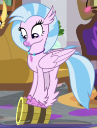 Size: 491x642 | Tagged: safe, screencap, silverstream, classical hippogriff, hippogriff, g4, the hearth's warming club, behaving like a bird, birds doing bird things, bucket, cropped, cute, diastreamies, perching, silverstream's bucket