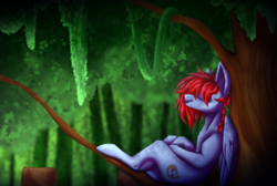 Size: 3500x2350 | Tagged: safe, artist:immagoddampony, oc, oc only, pegasus, pony, against tree, art trade, eyes closed, high res, solo, tree