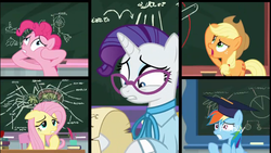 Size: 1366x768 | Tagged: safe, screencap, applejack, fluttershy, pinkie pie, rainbow dash, rarity, earth pony, pegasus, pony, unicorn, g4, school daze, chalkboard, frustrated, graduation cap, hat