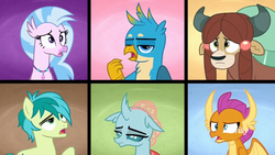 Size: 1366x768 | Tagged: safe, screencap, gallus, ocellus, sandbar, silverstream, smolder, yona, griffon, g4, school daze, bored, sad, student six