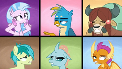 Size: 1366x768 | Tagged: safe, screencap, gallus, ocellus, sandbar, silverstream, smolder, yona, classical hippogriff, griffon, hippogriff, g4, school daze, bored, sad, student six, worried