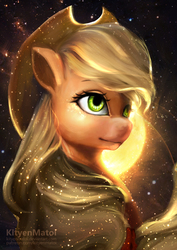 Size: 709x1002 | Tagged: safe, artist:kityenmatoi, applejack, earth pony, pony, g4, beautiful, bust, cowboy hat, female, hat, mare, moon, portrait, solo