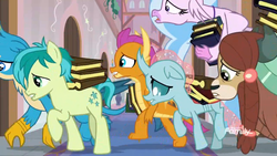 Size: 1366x768 | Tagged: safe, screencap, gallus, ocellus, sandbar, silverstream, smolder, yona, changedling, changeling, classical hippogriff, dragon, earth pony, griffon, hippogriff, pony, yak, g4, school daze, book, bow, dragoness, female, hair bow, hall, jewelry, male, monkey swings, necklace, sad, stressed, student six, teenager, tired