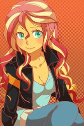 Size: 1200x1800 | Tagged: safe, artist:ku_rimo, sunset shimmer, equestria girls, g4, breasts, cleavage, clothes, female, jacket, jeans, leather jacket, pants, shirt, simple background, solo
