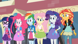 Size: 1366x768 | Tagged: safe, screencap, fluttershy, pinkie pie, rainbow dash, rarity, sci-twi, sunset shimmer, twilight sparkle, equestria girls, g4, get the show on the road, my little pony equestria girls: summertime shorts, animation error, canterlot high, clothes, confused, cutie mark on clothes, female, fluttershy's skirt, geode of empathy, geode of fauna, geode of shielding, geode of sugar bombs, geode of telekinesis, ponytail, skirt, surprised