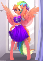 Size: 2107x2994 | Tagged: safe, artist:fensu-san, oc, oc only, oc:spectrum dash, alicorn, anthro, unguligrade anthro, alicorn oc, arm behind head, armpits, belly button, changing room, clothes, female, high res, mare, midriff, ponytail, rainbow hair, skirt, smiling, solo