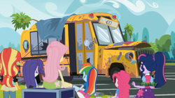 Size: 1366x768 | Tagged: safe, screencap, fluttershy, pinkie pie, rainbow dash, rarity, sci-twi, sunset shimmer, twilight sparkle, equestria girls, g4, get the show on the road, my little pony equestria girls: summertime shorts, bus, female, studebaker, the rainbooms tour bus