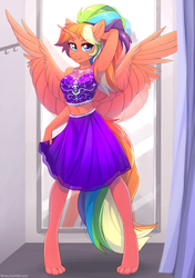 Size: 2107x2994 | Tagged: safe, alternate version, artist:fensu-san, oc, oc only, oc:spectrum dash, alicorn, anthro, digitigrade anthro, alicorn oc, arm behind head, armpits, belly button, changing room, clothes, female, high res, mare, midriff, paws, rainbow hair, skirt, smiling, solo