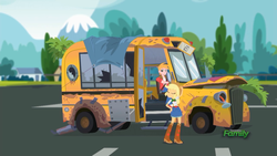 Size: 1366x768 | Tagged: safe, screencap, applejack, big macintosh, equestria girls, g4, get the show on the road, my little pony equestria girls: summertime shorts, broken, bus, studebaker, the rainbooms tour bus, tree branch, what could possibly go wrong