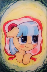 Size: 451x689 | Tagged: safe, artist:plushcolossus, coco pommel, g4, abstract background, bust, portrait, ribbon, watercolor painting
