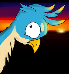 Size: 512x545 | Tagged: safe, artist:horsesplease, gallus, griffon, g4, derp, gallus the rooster, male, morning, nervous, paint tool sai, pun, solo, sun, sunrise, sweat