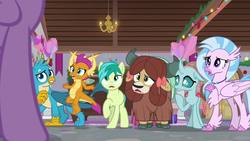 Size: 1280x720 | Tagged: safe, screencap, gallus, ocellus, sandbar, silverstream, smolder, twilight sparkle, yona, alicorn, changedling, changeling, classical hippogriff, dragon, earth pony, griffon, hippogriff, pony, yak, g4, the hearth's warming club, bow, cloven hooves, dragoness, female, hair bow, jewelry, male, monkey swings, necklace, student six, teenager, twilight sparkle (alicorn)