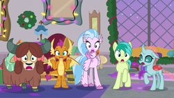 Size: 1280x720 | Tagged: safe, screencap, ocellus, sandbar, silverstream, smolder, twilight sparkle, yona, alicorn, changedling, changeling, classical hippogriff, dragon, earth pony, griffon, hippogriff, pony, yak, g4, the hearth's warming club, cloven hooves, dragoness, female, horrified, jaw drop, male, raised hoof, reaction image, shocked, speechless, teenager, twilight sparkle (alicorn)