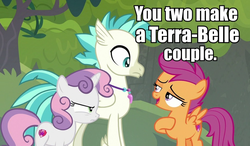 Size: 915x536 | Tagged: safe, edit, edited screencap, screencap, scootaloo, sweetie belle, terramar, hippogriff, pegasus, pony, unicorn, g4, surf and/or turf, bad pun, image macro, implied shipping, implied straight, meme, pun, ship:terrabelle, sweetie belle is not amused, unamused