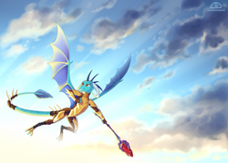 Size: 1575x1125 | Tagged: safe, artist:ladychimaera, princess ember, dragon, g4, armor, bloodstone scepter, cloud, cloudy, dragon lord ember, dragoness, female, flying, sky, solo, spread wings, wings
