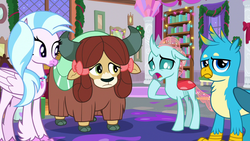 Size: 1280x720 | Tagged: safe, screencap, gallus, ocellus, silverstream, smolder, yona, changedling, changeling, classical hippogriff, griffon, hippogriff, yak, g4, the hearth's warming club, bow, cloven hooves, hair bow, jewelry, monkey swings, necklace