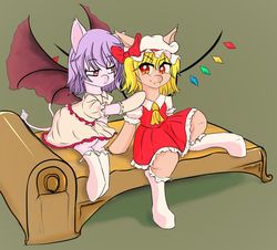 Size: 1487x1344 | Tagged: safe, artist:mistleinn, bat pony, pony, blonde hair, clothes, couch, crossover, cute, dress, flandre scarlet, ponified, purple hair, red eyes, remilia scarlet, sitting, socks, touhou