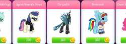 Size: 1629x566 | Tagged: safe, gameloft, bon bon, lyra heartstrings, pinkie pie, queen chrysalis, rainbow dash, snowdash, sweetie drops, changeling, changeling queen, earth pony, pegasus, pony, g4, clothes, female, mare, secret agent sweetie drops, suit, sunglasses