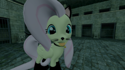 Size: 1920x1080 | Tagged: safe, artist:thefnafbrony, fluttershy, pegasus, pony, g4, 3d, cute, dark, dungeon, female, fluttercat, flutterpet, kitty suit, looking at you, paws, pet play, solo, source filmmaker, tongue out, whiskers