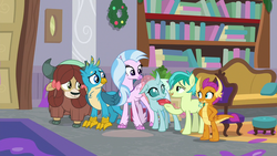Size: 1280x720 | Tagged: safe, screencap, gallus, ocellus, sandbar, silverstream, smolder, yona, changedling, changeling, classical hippogriff, dragon, earth pony, griffon, hippogriff, pony, yak, g4, the hearth's warming club, bow, cloven hooves, dragoness, female, hair bow, jewelry, male, monkey swings, necklace, student six, teenager