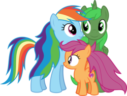 Size: 8450x6400 | Tagged: safe, artist:parclytaxel, rainbow dash, scootaloo, oc, oc:green thunder, alicorn, pegasus, pony, g4, .svg available, absurd resolution, alicorn oc, canon x oc, commission, female, filly, greendash, long mane, male, mare, never doubt blaa6 involvement, nuzzling, simple background, stallion, transparent background, vector