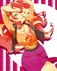 Size: 1699x2124 | Tagged: safe, artist:ku_rimo, artist:藻の生えた栗, sunset shimmer, human, equestria girls, g4, my little pony equestria girls: better together, abstract background, anime, armpits, arms in the air, breasts, busty sunset shimmer, cleavage, clothes, cute, cutie mark on clothes, female, geode of empathy, jewelry, leather, leather vest, looking at you, magical geodes, nail polish, necklace, open mouth, open smile, sexy, shimmerbetes, shirt, skirt, smiling, smiling at you, solo, stupid sexy sunset shimmer, vest