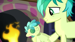 Size: 1280x720 | Tagged: safe, screencap, sandbar, earth pony, pony, g4, the hearth's warming club, button, doll, fire, fireplace, hearth's warming doll, male, teenager, toy