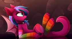 Size: 3446x1885 | Tagged: safe, artist:magnaluna, oc, oc only, oc:spanking shade, sphinx, clothes, paws, rainbow socks, socks, solo, sphinx oc, sphinx-bat, striped socks, zoom layer
