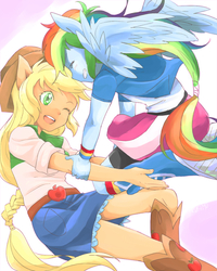 Size: 1025x1279 | Tagged: safe, artist:ku_rimo, artist:kurimo, artist:藻の生えた栗, applejack, rainbow dash, human, equestria girls, g4, boots, clothes, compression shorts, cowboy hat, denim skirt, duo, eyes closed, female, grin, hat, lesbian, one eye closed, open mouth, open smile, ponied up, ship:appledash, shipping, shoes, shorts, simple background, skirt, smiling, spread wings, stetson, wings, wink