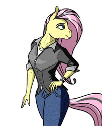Size: 1512x1860 | Tagged: safe, artist:akweer, fluttershy, anthro, g4, bracelet, clothes, female, jacket, jeans, jewelry, leather jacket, looking back, mare, pants, shirt, simple background, solo, studded bracelet, white background