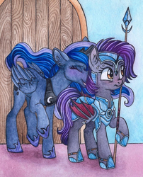 Size: 679x841 | Tagged: safe, artist:red-watercolor, princess luna, oc, oc:dawn sentry, alicorn, bat pony, armor, bat wings, blushing, clothes, door, female, guardluna, guardsmare, horn, lesbian, mare, nuzzling, royal guard, shipping, slippers, spear, watercolor painting, weapon, wings