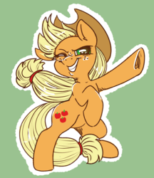 Size: 2080x2408 | Tagged: safe, artist:ponycide, applejack, earth pony, pony, g4, female, freckles, grin, hat, high res, one eye closed, smiling, solo, underhoof, wink