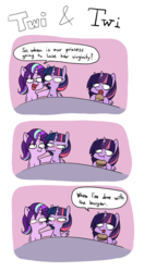 Size: 2000x3800 | Tagged: safe, artist:duop-qoub, starlight glimmer, twilight sparkle, alicorn, pony, unicorn, descended twilight, g4, :t, bags under eyes, blushing, burger, comic, dialogue, eating, female, food, future future twilight, high res, hoof hold, implied selfcest, looking at each other, mare, multeity, side hug, speech bubble, spread wings, text, twilight burgkle, twilight sparkle (alicorn), wings