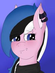 Size: 900x1200 | Tagged: safe, artist:feelingpandy, oc, oc only, oc:sapphire dawn, bat pony, anthro, abstract background, bat pony oc, blushing, clothes, cute, eyebrow piercing, female, multicolored hair, piercing, snake bites, solo, sweater, turtleneck