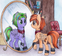 Size: 1256x1132 | Tagged: safe, artist:red-watercolor, oc, oc only, oc:firetale, pegasus, pony, collar, female, illusion spell, leg strap, mare, mirror, reflection, solo